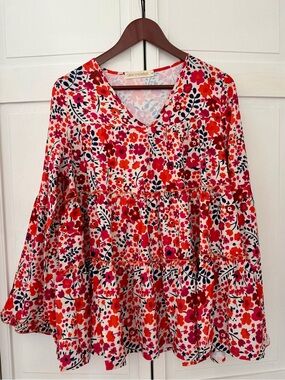 Grace +Emma brand Red Floral V-Neck Tiered Tunic